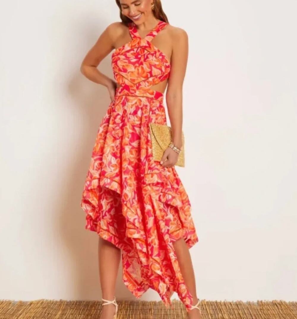 Vici Asymmetrical Pink and Orange Floral Dress size M Bohemian